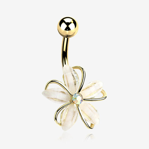 Golden Sparkle Frosted Flower Shimmer Belly Button Ring-Clear Gem