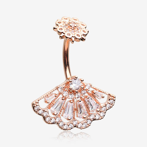 Rose Gold Majestic Fan Brilliant Sparkle Internally Threaded Belly Button Ring-Clear Gem