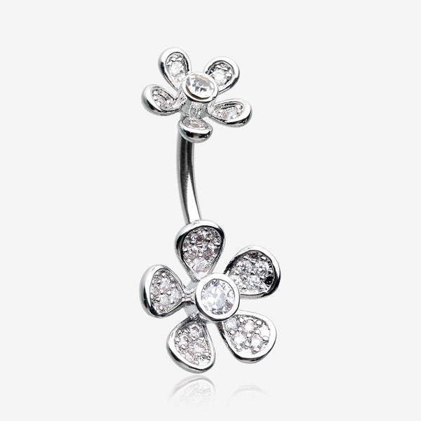 Wild Flower Sparkle Internally Threaded Belly Button Ring-Clear Gem