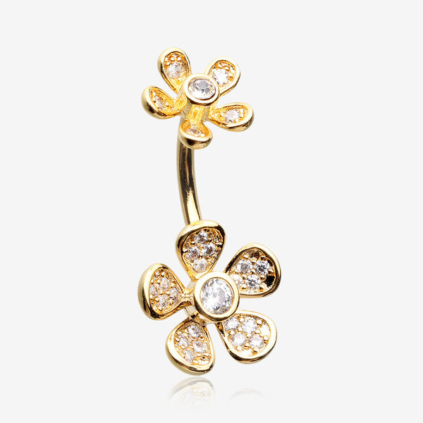 Golden Wild Flower Sparkle Internally Threaded Belly Button Ring-Clear Gem