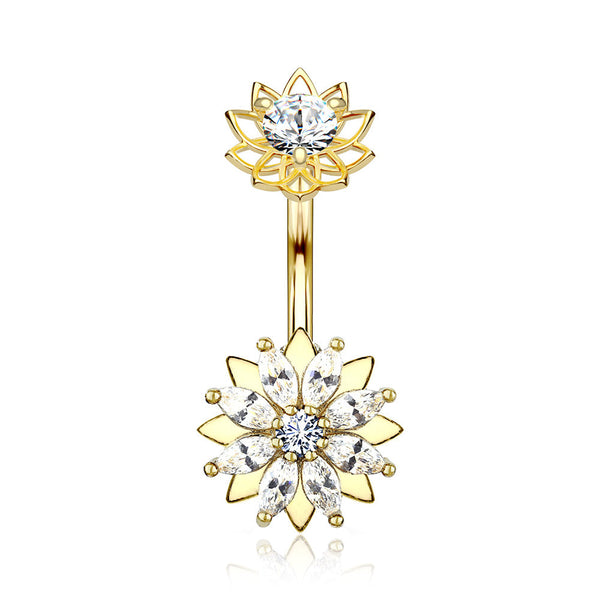 Golden Marquise Sparkle Flower Internally Threaded Belly Button Ring-Clear Gem