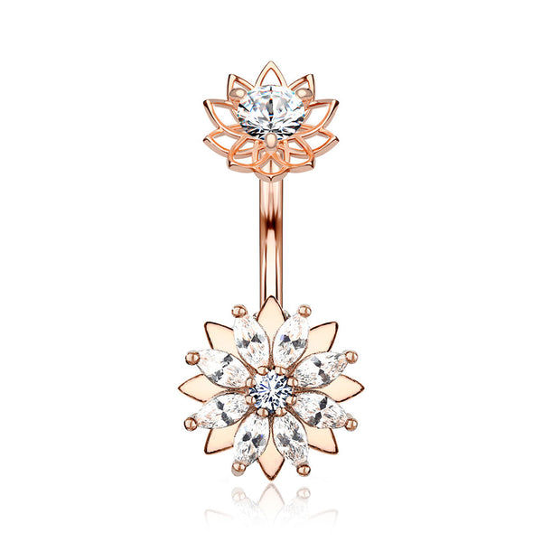 Rose Gold Marquise Sparkle Flower Internally Threaded Belly Button Ring-Clear Gem