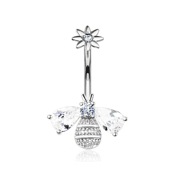 Flower Sparkle Honey Bee Internally Threaded Belly Button Ring-Clear Gem