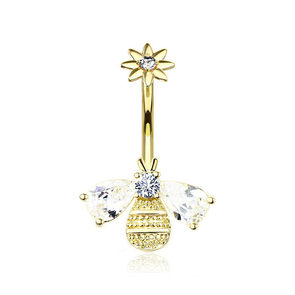 Golden Flower Sparkle Honey Bee Internally Threaded Belly Button Ring-Clear Gem