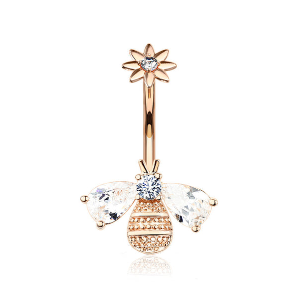 Rose Gold Flower Sparkle Honey Bee Internally Threaded Belly Button Ring-Clear Gem