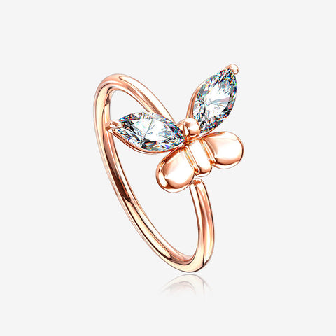 Rose Gold Butterfly Marquise Sparkle Bendable Hoop Ring-Clear Gem