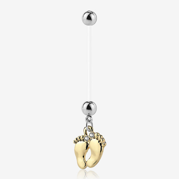 Golden Baby Feet Sparkle Dangle Bio-Flex Pregnancy Belly Button Ring-Clear Gem