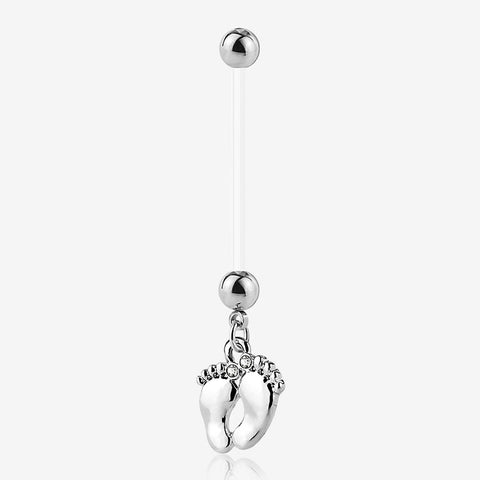 Baby Feet Sparkle Dangle Bio-Flex Pregnancy Belly Button Ring-Clear Gem