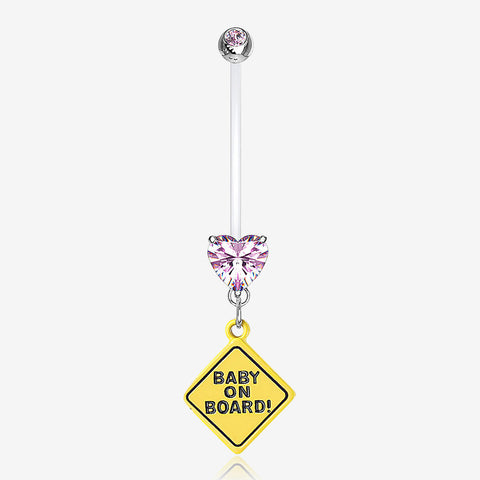 Heart Gem Sparkle Baby On Board Dangle Bio-Flex Pregnancy Belly Button Ring-Pink