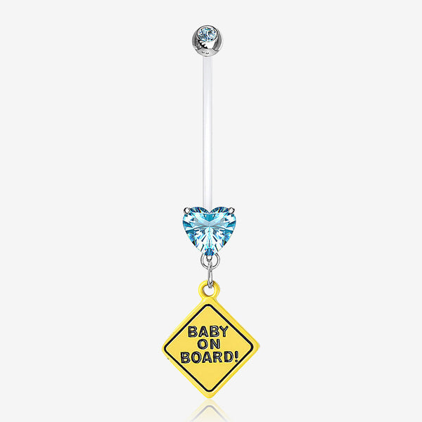 Heart Gem Sparkle Baby On Board Dangle Bio-Flex Pregnancy Belly Button Ring-Aqua