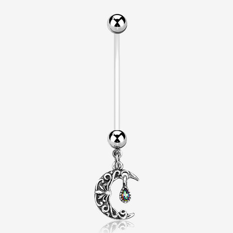 Vintage Filigree Crescent Moon Sparkle Dangle Bio-Flex Pregnancy Belly Button Ring