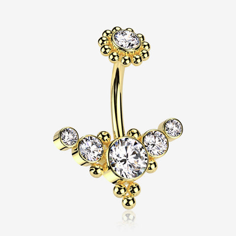 Golden Bali Beaded Flora Sparkle Internally Threaded Belly Button Ring-Clear Gem