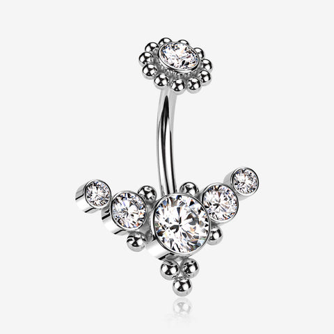 Bali Beaded Flora Sparkle Internally Threaded Belly Button Ring-Clear Gem