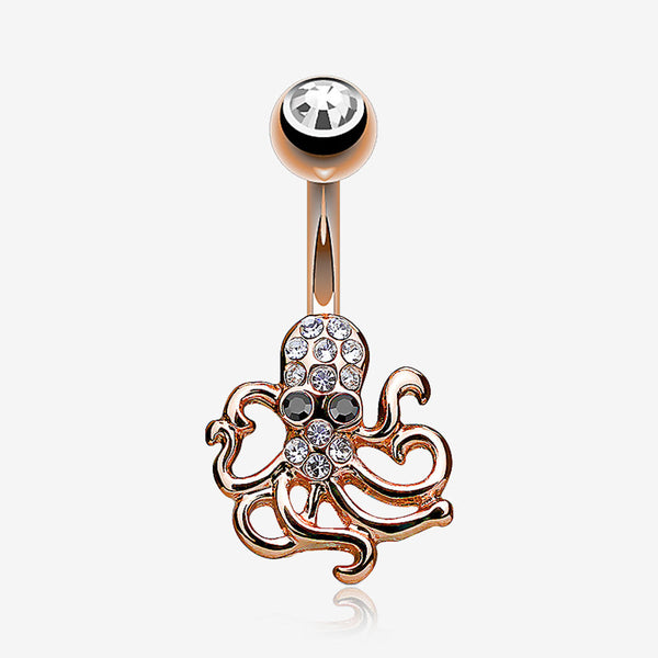 Rose Gold Evil Octopus Sparkle Belly Button Ring-Clear Gem