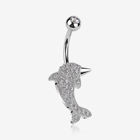 Adorable Dolphin Brilliant Sparkle Belly Button Ring-Clear Gem