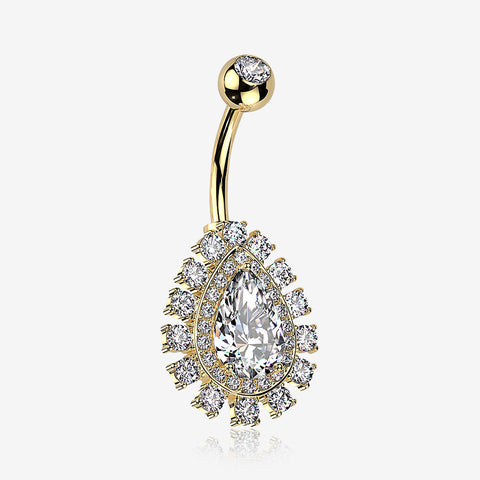 Golden Brilliant Teardrop Grand Sparkle Belly Button Ring-Clear Gem