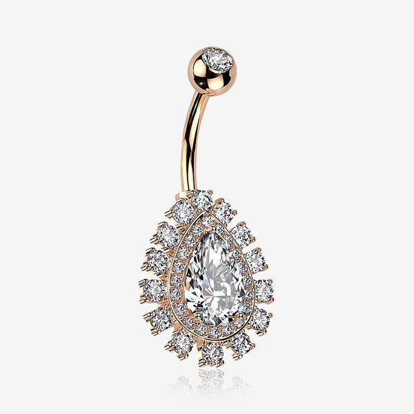 Rose Gold Brilliant Teardrop Grand Sparkle Belly Button Ring-Clear Gem