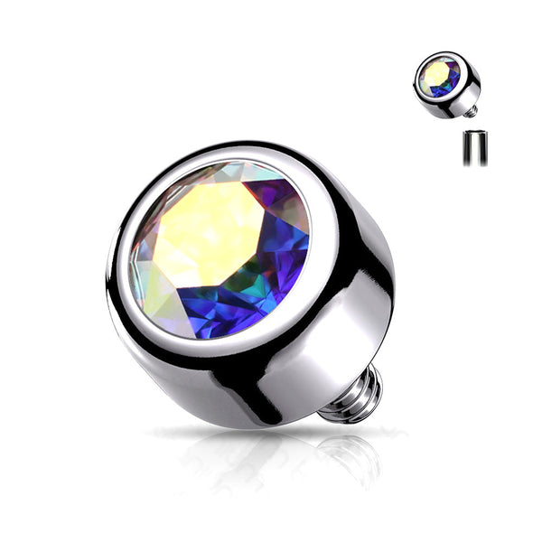 Implant Grade Titanium Internally Threaded Bezel Set Round Swarovski Crystal Part-Aurora Borealis