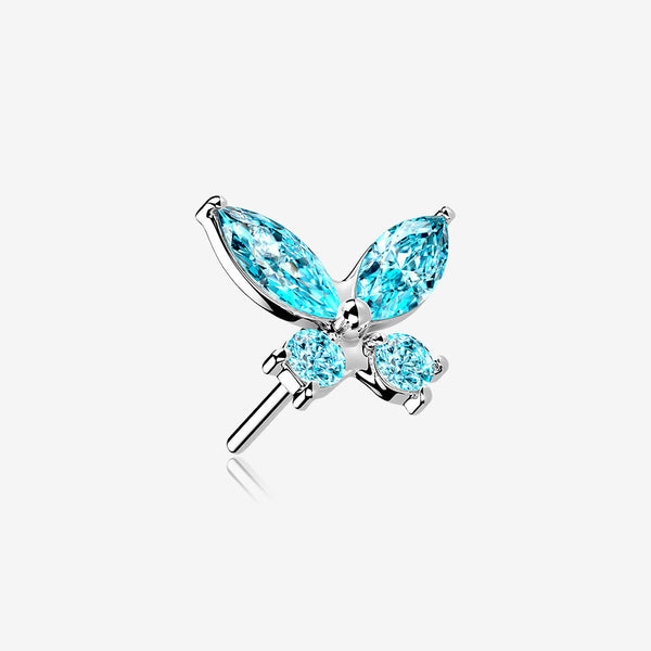 14 Karat White Gold OneFit Threadless Dainty Butterfly Sparkle Top Part-Aqua