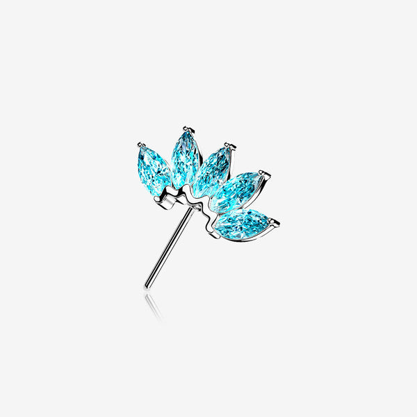 14 Karat White Gold OneFit Threadless Brilliant Marquise Sparkle Flower Front Facing Part-Aqua