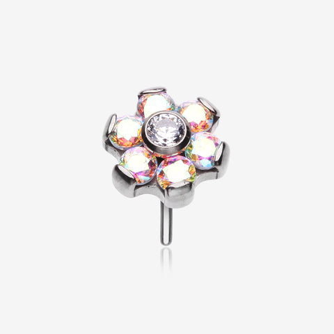 Implant Grade Titanium OneFit Threadless Brilliant Sparkle Flower Top Part-Aurora Borealis/Clear Gem