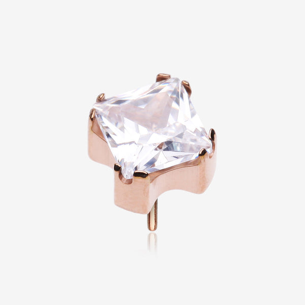 Implant Grade Titanium OneFit Threadless Rose Gold Prong Set Square Gem Sparkle Top Part-Clear Gem