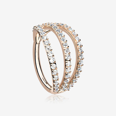 Rose Gold Brilliant Sparkle Gem Lined Triple Hoop Steel Seamless Clicker Hoop Ring-Clear Gem