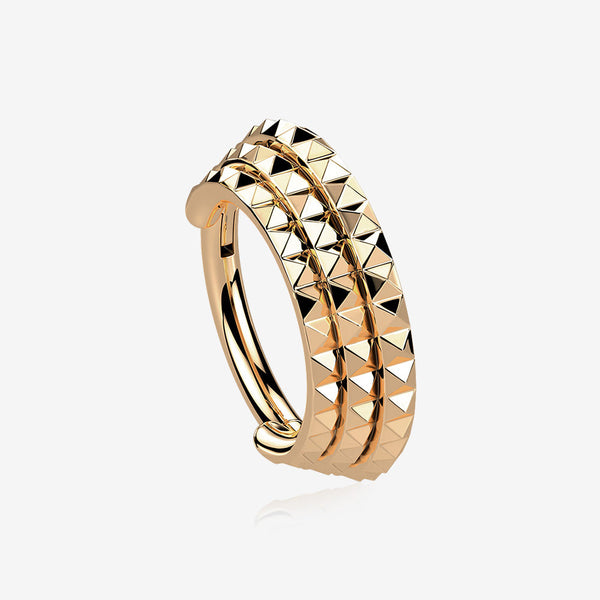 Rose Gold Triple Stacked Pyramid Studded Geometric Seamless Clicker Hoop Ring