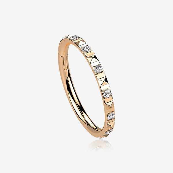 Rose Gold Pyramid Studded Multi-Gem Sparkles Geometric Seamless Clicker Hoop Ring-Clear Gem