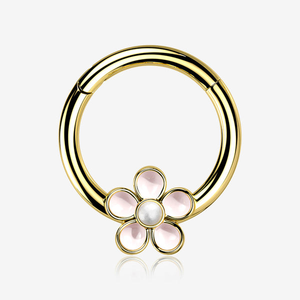 Golden Adorable Pearlescent Flower Clicker Hoop Ring