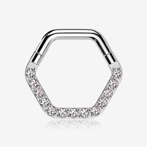 Brilliant Sparkle Multi-Gem Hexagon Clicker Hoop Ring-Clear Gem