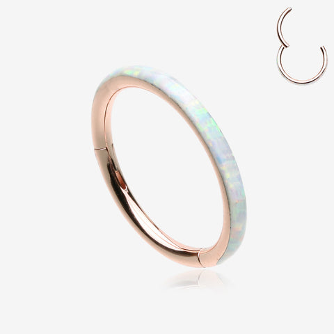 Rose Gold Brilliant Fire Opal Lined Seamless Clicker Hoop Ring-White Opal