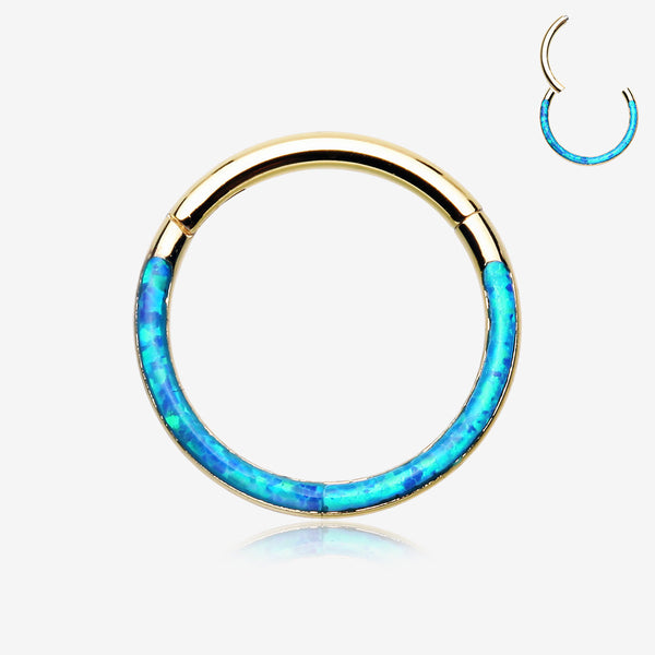 Golden Brilliant Fire Opal Lined Front Facing Seamless Clicker Hoop Ring-Blue Opal