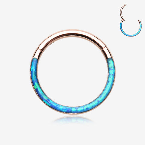 Rose Gold Brilliant Fire Opal Lined Front Facing Seamless Clicker Hoop Ring-Blue Opal