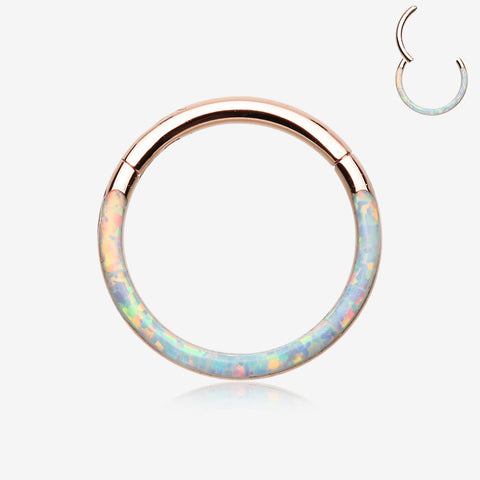 Rose Gold Brilliant Fire Opal Lined Front Facing Seamless Clicker Hoop Ring-White Opal