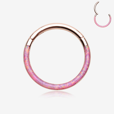 Rose Gold Brilliant Fire Opal Lined Front Facing Seamless Clicker Hoop Ring-Pink Opal