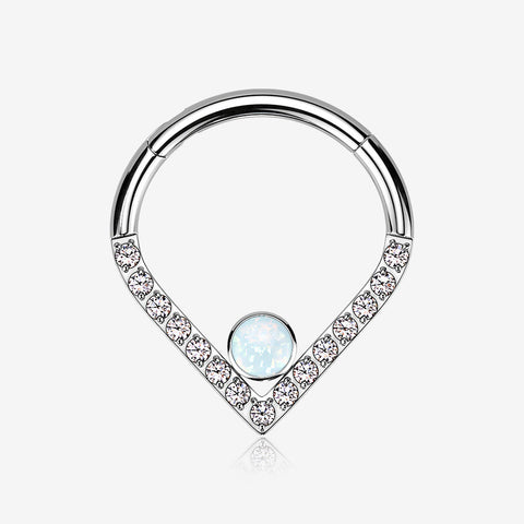 Implant Grade Titanium Sparkle Lined Center Fire Opal Clicker Hoop Ring-Clear Gem/White Opal