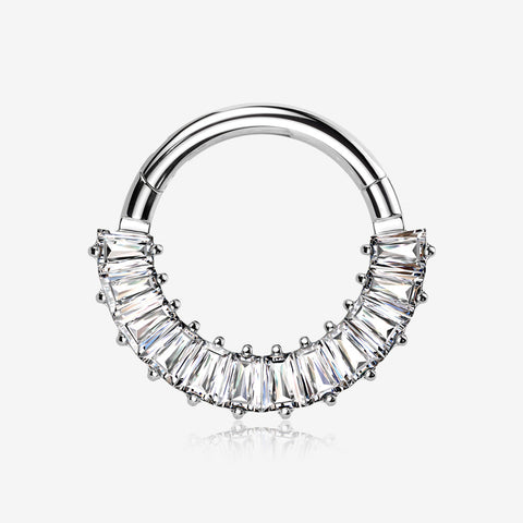 Implant Grade Titanium Pave Baguette Sparkle Clicker Hoop Ring-Clear Gem