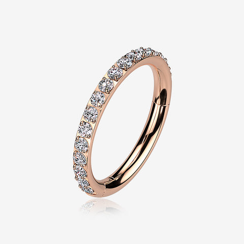 Implant Grade Titanium Rose Gold Brilliant Sparkle Gems Lined Clicker Hoop Ring-Clear Gem