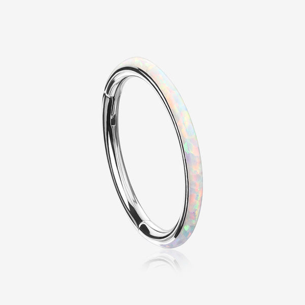 Implant Grade Titanium Brilliant Fire Opal Lined Seamless Clicker Hoop Ring-White Opal