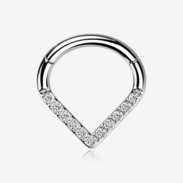 Implant Grade Titanium Chevron Sparkle Lined Seamless Clicker Hoop Ring-Clear Gem