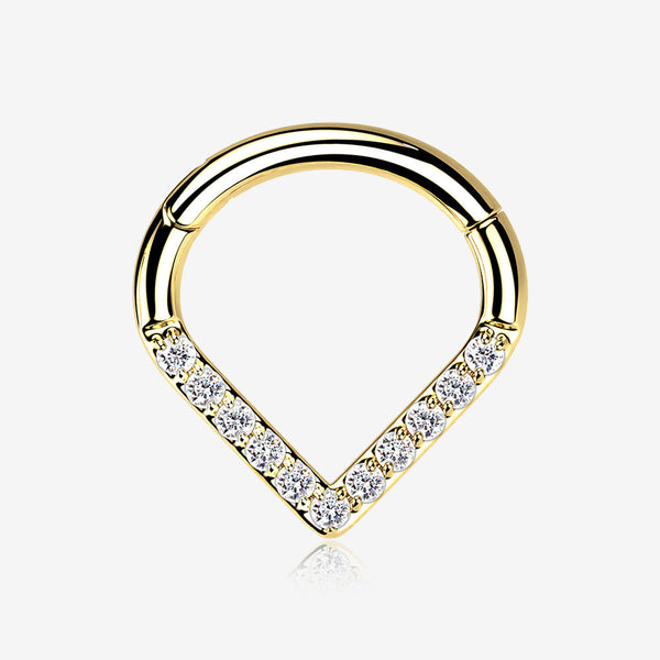 Implant Grade Titanium Golden Chevron Sparkle Lined Seamless Clicker Hoop Ring-Clear Gem