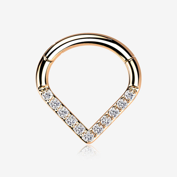 Implant Grade Titanium Rose Gold Chevron Sparkle Lined Seamless Clicker Hoop Ring-Clear Gem