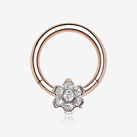 Implant Grade Titanium Rose Gold Brilliant Flower Sparkle Clicker Hoop Ring-Clear Gem