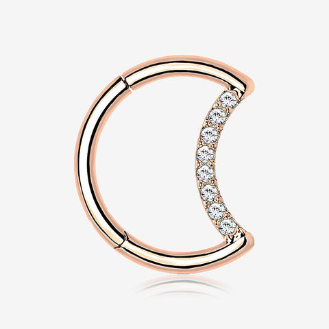 Implant Grade Titanium Rose Gold Crescent Moon Sparkle Clicker Hoop Ring-Clear Gem