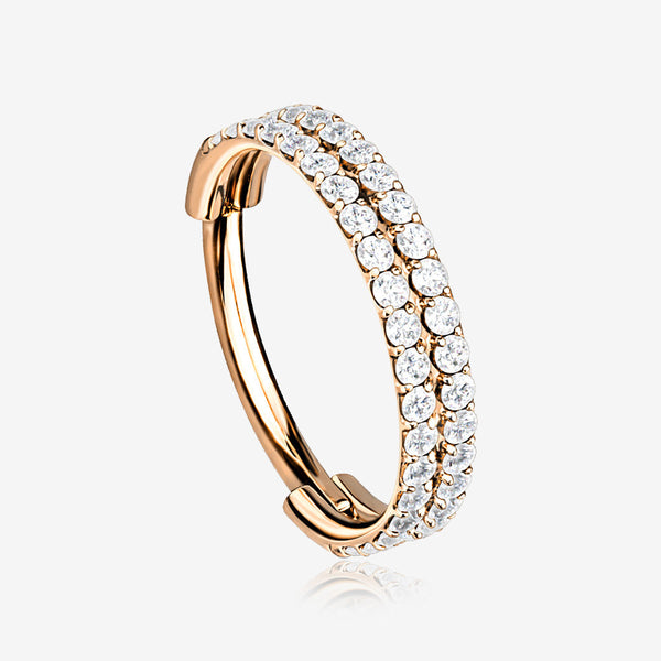 Implant Grade Titanium Rose Gold Double Lined Gems Seamless Clicker Hoop Ring-Clear Gem