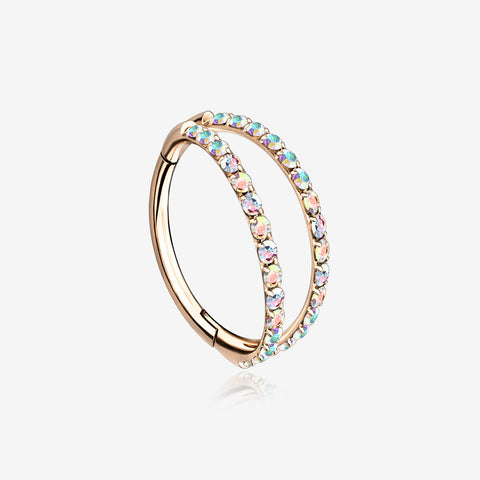 Implant Grade Titanium Rose Gold Double Hoop Gems Seamless Clicker Hoop Ring-Aurora Borealis