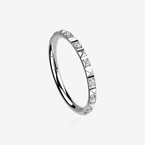 Implant Grade Titanium Pyramid Sparkle Studded Geometric Seamless Clicker Hoop Ring-Clear Gem