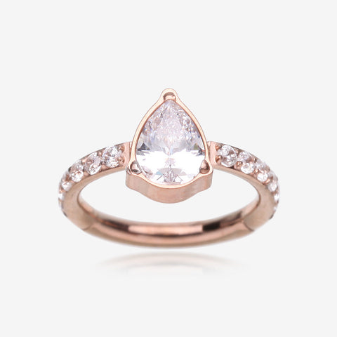 Implant Grade Titanium Rose Gold Teardrop Sparkle Multi-Gem Rimmed Seamless Clicker Hoop Ring-Clear Gem