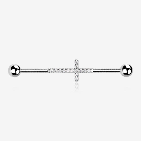 Implant Grade Titanium Sparkle Lined Multi-Gem Cross Industrial Barbell-Clear Gem